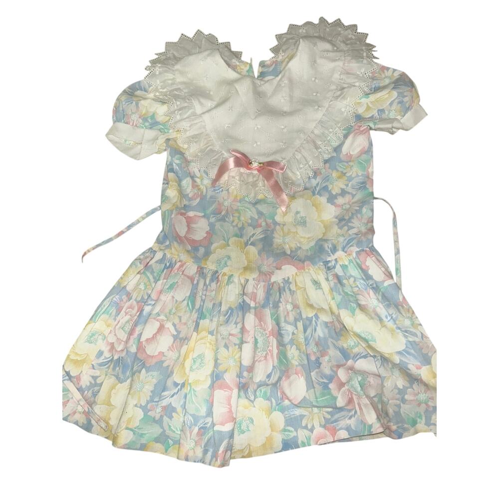 Vintage 80's/90's Jo Lene Baby Girl Dress – Pastel Floral, Lace Collar – Size 6